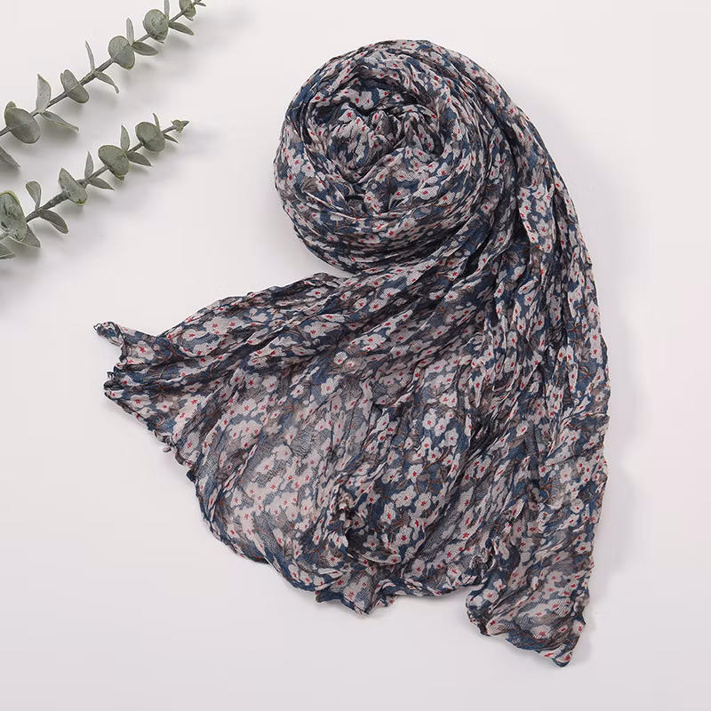 Hot New Crushed Flower Crinkle Scarf Women Classic Popular Printed Polyester Small Fresh Simple Wrapped Turban