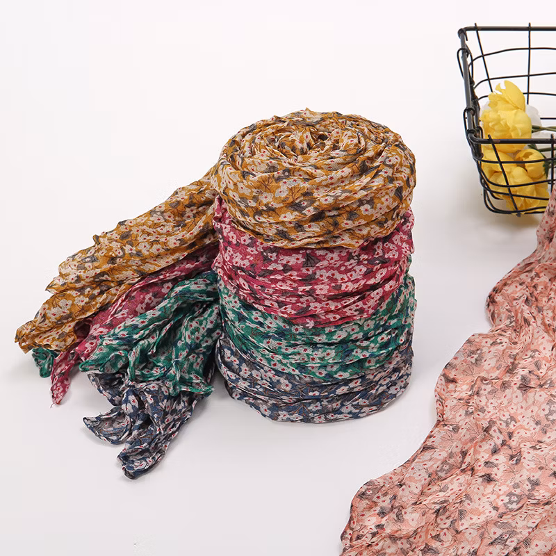 Hot New Crushed Flower Crinkle Scarf Women Classic Popular Printed Polyester Small Fresh Simple Wrapped Turban