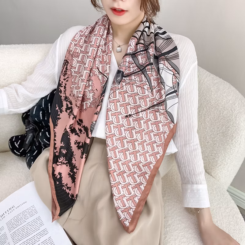 Decorative Imitation Silk Square 90*90cm Twill Print All-Match Polyester Satin Scarf