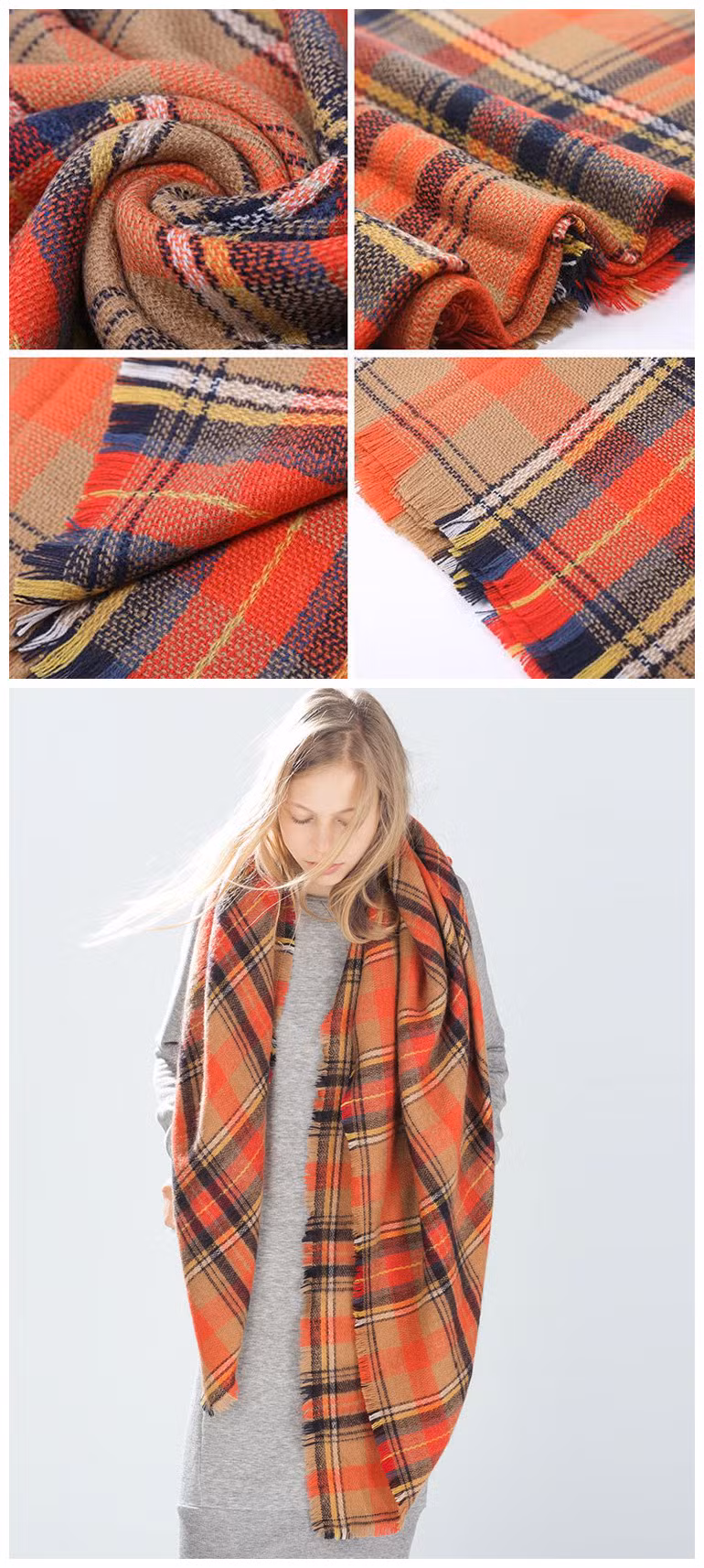 Hot Item Winter Lady New Arrive Designer Brand Luxury Orange Fashion Check Scarves Ladies Square Shawl Poncho Kimono Women′s Scarf for Girls