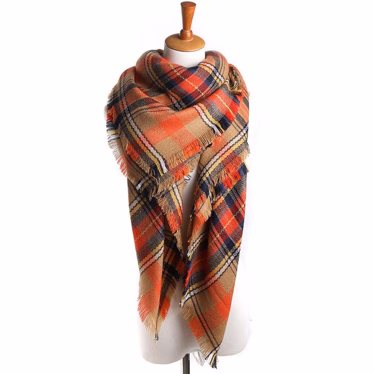 Hot Item Winter Lady New Arrive Designer Brand Luxury Orange Fashion Check Scarves Ladies Square Shawl Poncho Kimono Women′s Scarf for Girls