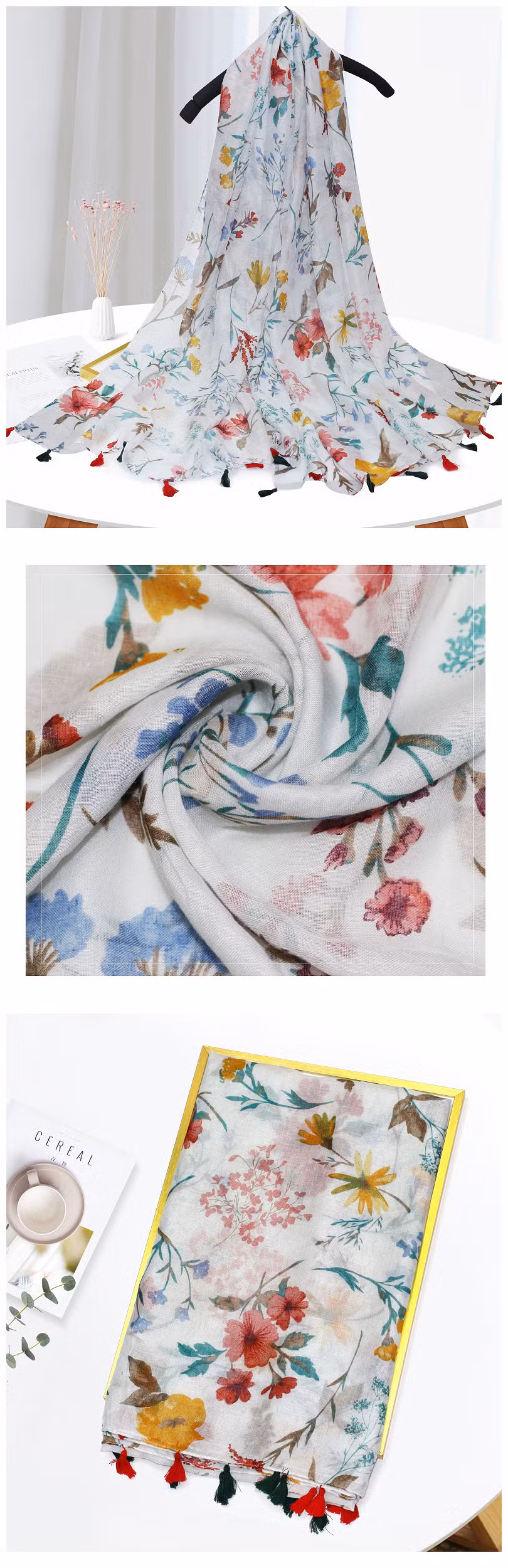 Women Fashion Yellow Scarves Flower Design Flora Print Lady Poly Silk Shawl Neck Cotton Stole Scarf for Girls with Comfortable Touch