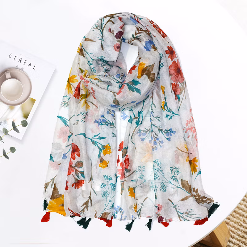 Women Fashion Yellow Scarves Flower Design Flora Print Lady Poly Silk Shawl Neck Cotton Stole Scarf for Girls with Comfortable Touch