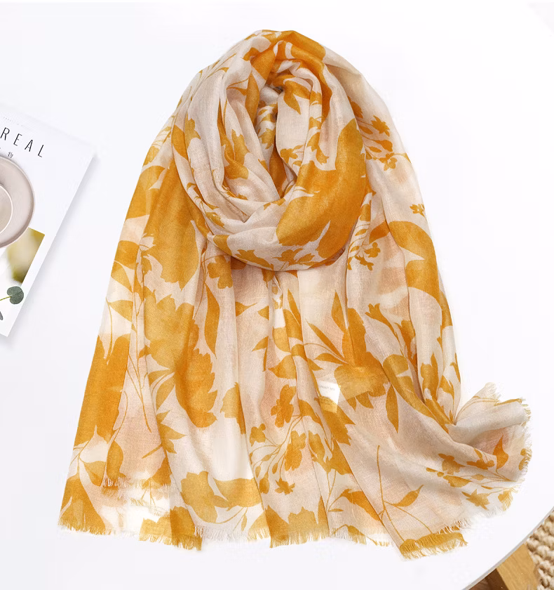 Women Fashion Yellow Scarves Flower Design Flora Print Lady Poly Silk Shawl Neck Cotton Stole Scarf for Girls with Comfortable Touch