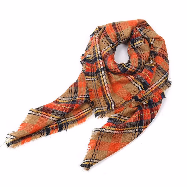 Hot Item Winter Lady New Arrive Designer Brand Luxury Orange Fashion Check Scarves Ladies Square Shawl Poncho Kimono Women′s Scarf for Girls