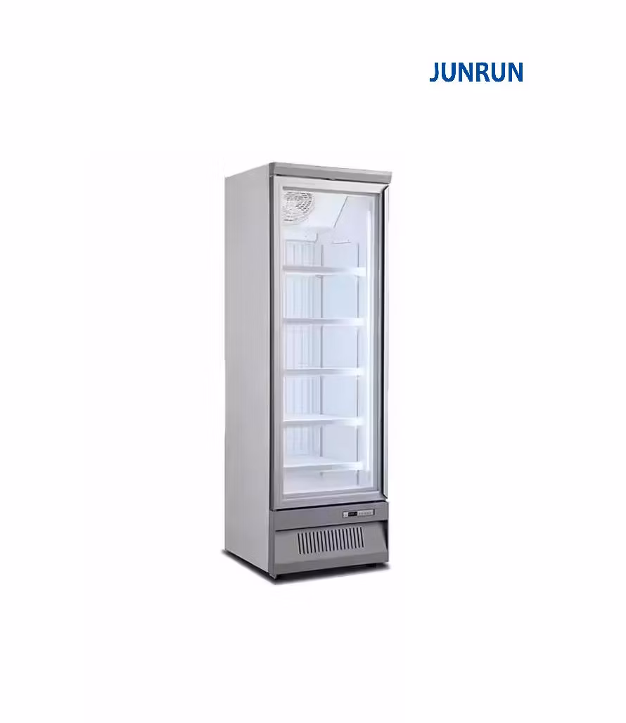 Junrun Shop Commercial Upright Cooler Beverage Energy Drink Chiller Glass Door Display Fridge Energy Beer Showcase Vertical Plug in Bottom Mount Freezer