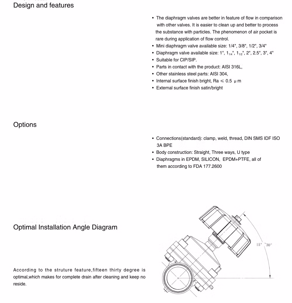 Product Descriptioncustomer Question & Answertechnical Datasvalve Body Material Ss316lavailably Standard 3A/Bpe/DIN/ISO/Idf/Smsavailably Size 1"-3", DN20-D