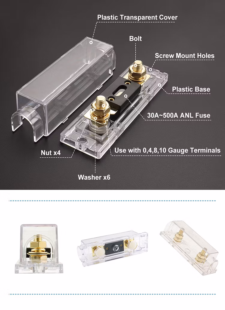 High Quality Gold Anl Bolt on Inline Fuse Holder Block Clear Transparent Base 0 4 8 10 Gauge AWG for Car Vehicle Audio Amplifier