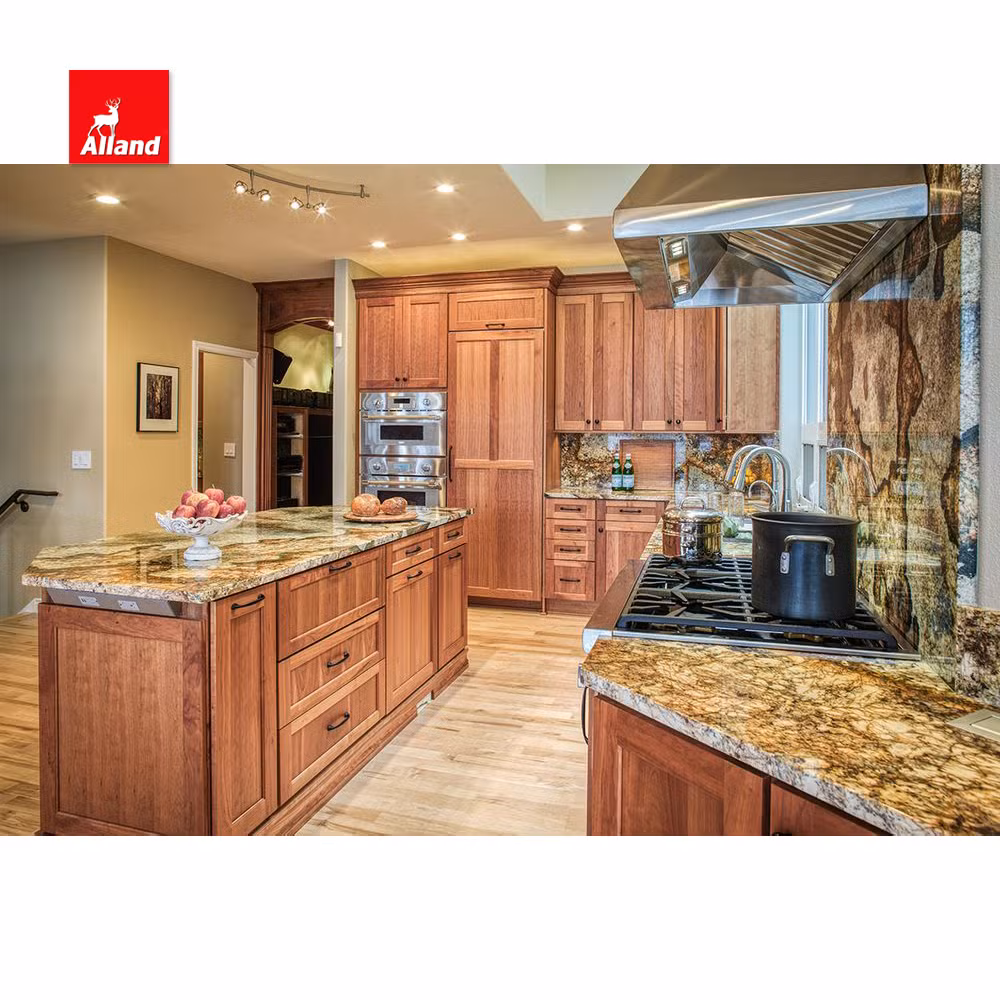 China Super-Standard Cherry Hardwood Natural Grain Granite Countertop Brown Color American Framed Stain Finish Kitchen Cabinet