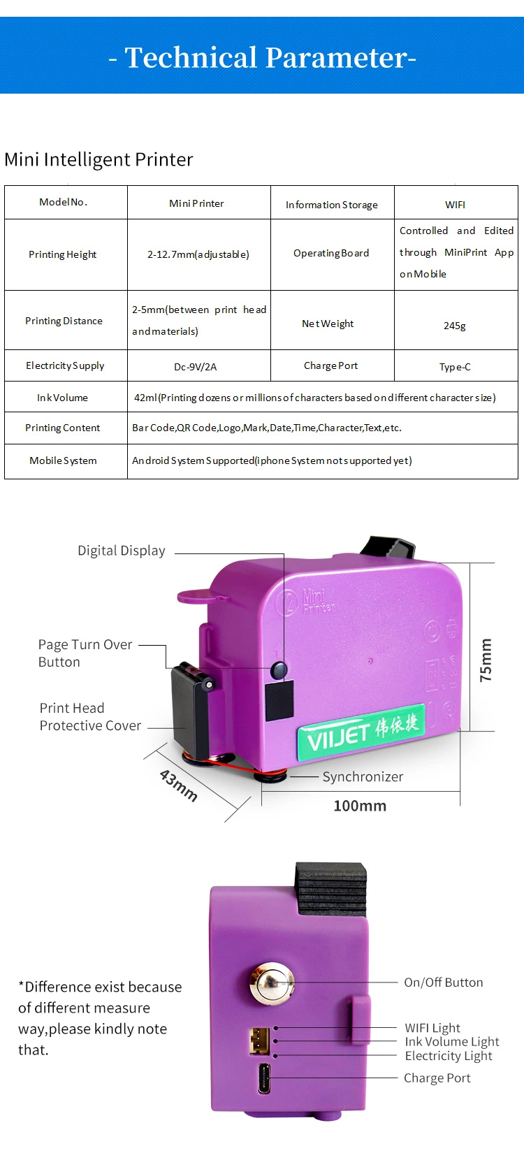 Tij Printer Portable Logo/Mark/Image Printer Handheld HP Type Fast Dry Ink; Viijet