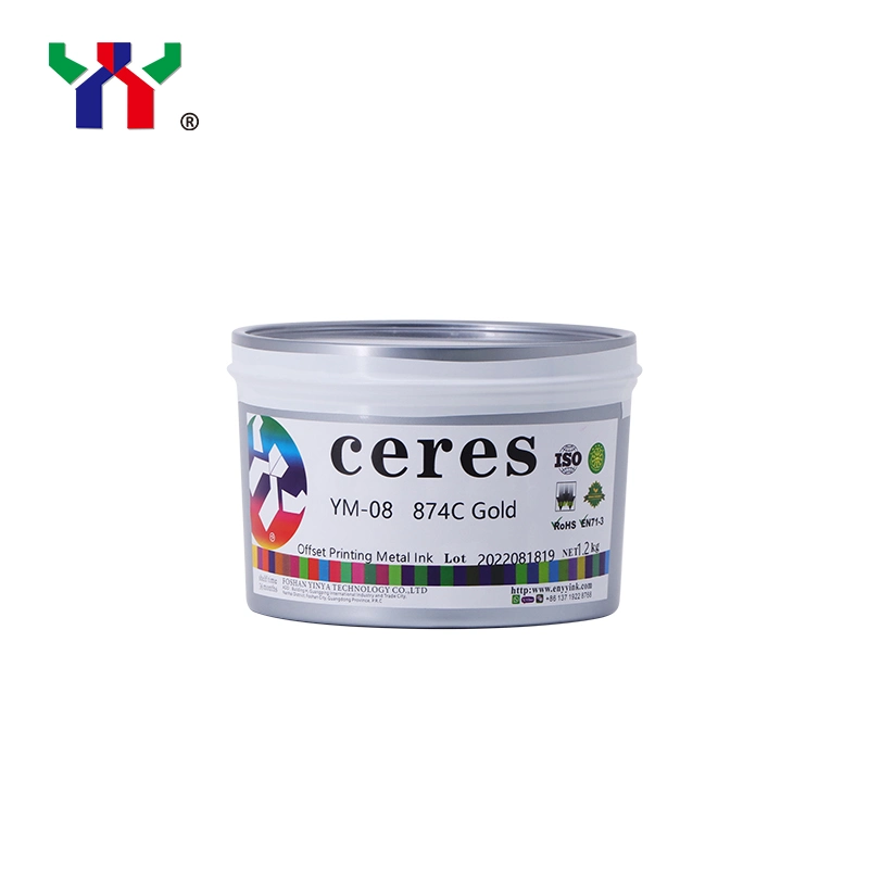 High Quality Ceres Offset Metal Ink for Iron, Color 874 Gold, Hot Air Natural Dry, 2kg/Can