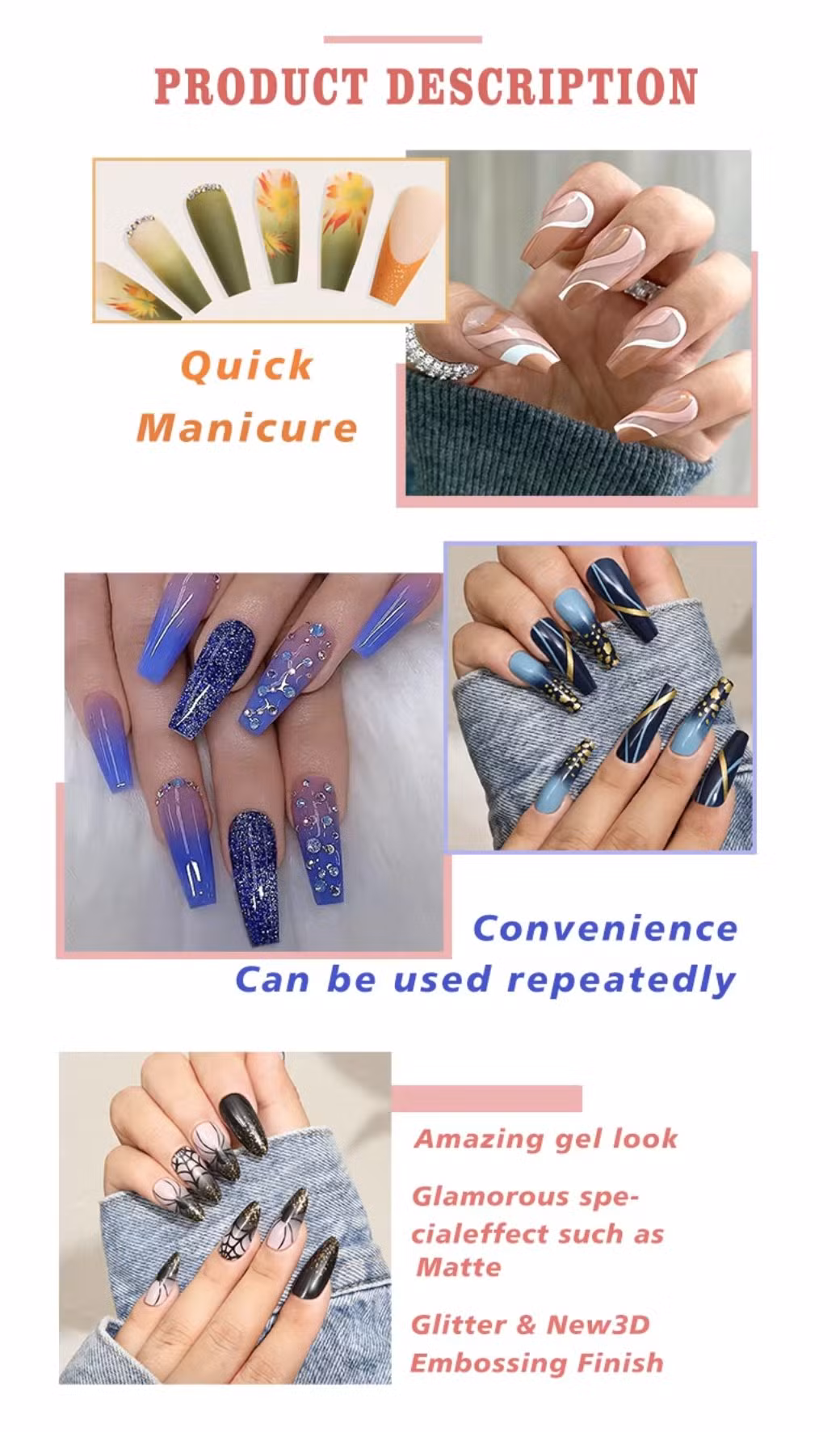 Private Label Handmade 24PCS Long Artificial Nails Polish OEM Ballerina Coffin Curved Green Flower Pearl Art Tips Rhinestones Extension ABS Press on False Nails