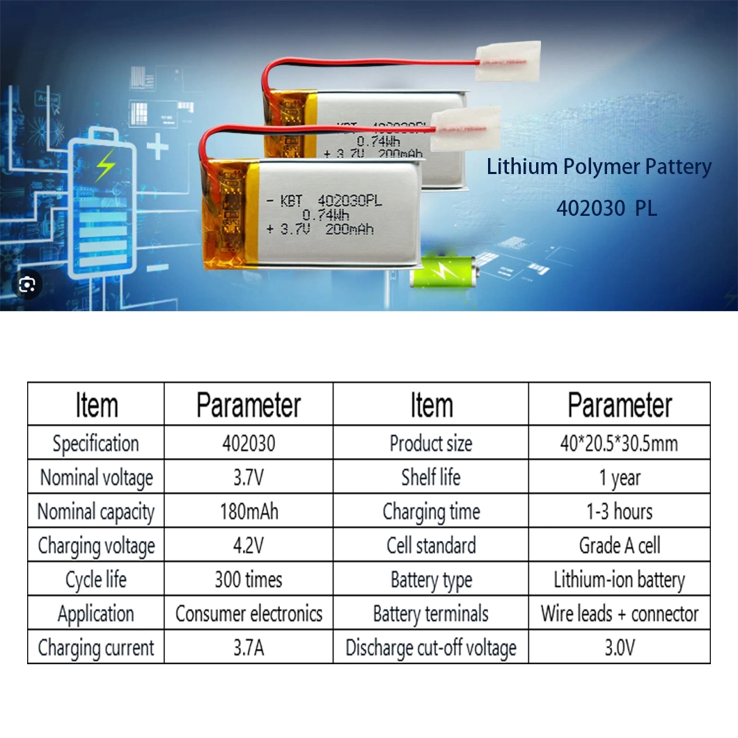 Customized OEM 180mAh 3.7V 402030 Li-Polymer Rechargeable Li-ion Lithium Polymer Battery