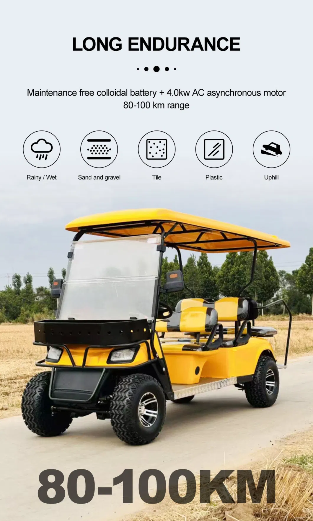 6 4 2 Seater Lithium Battery Long Range 30km/H Street Legal Yellow Hunting Golf Cart