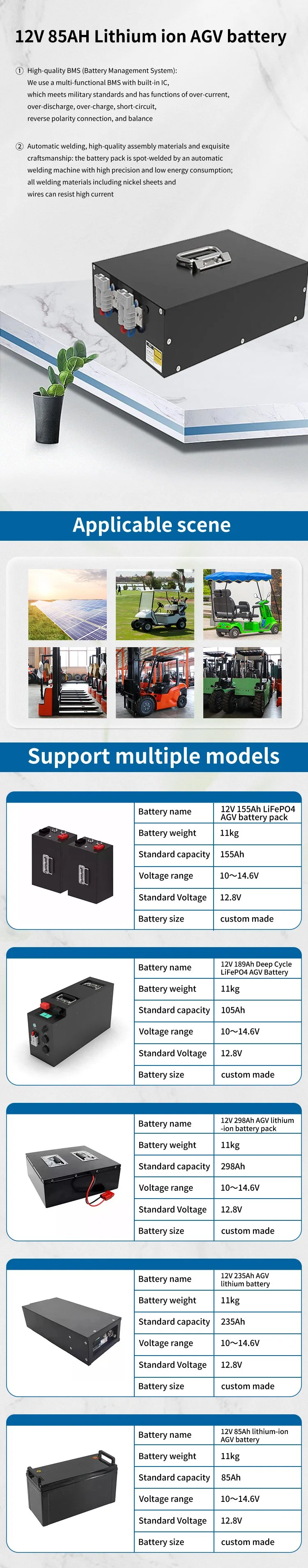 Zero Harmful Gases 12V 105ah Forklifts Agv Sweeper LiFePO4 Battery Spi-12105A