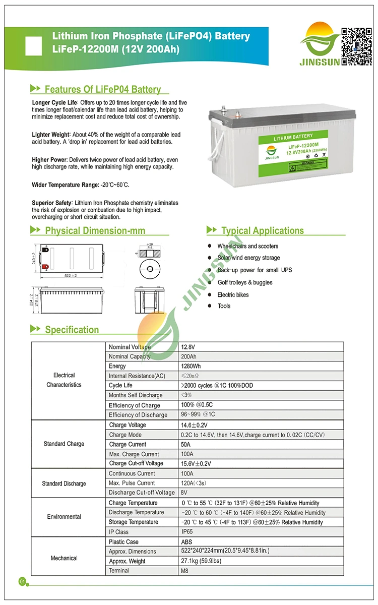 Factory Price Solar Lithium Battery 12V 200ah LiFePO4 Battery for Storage System