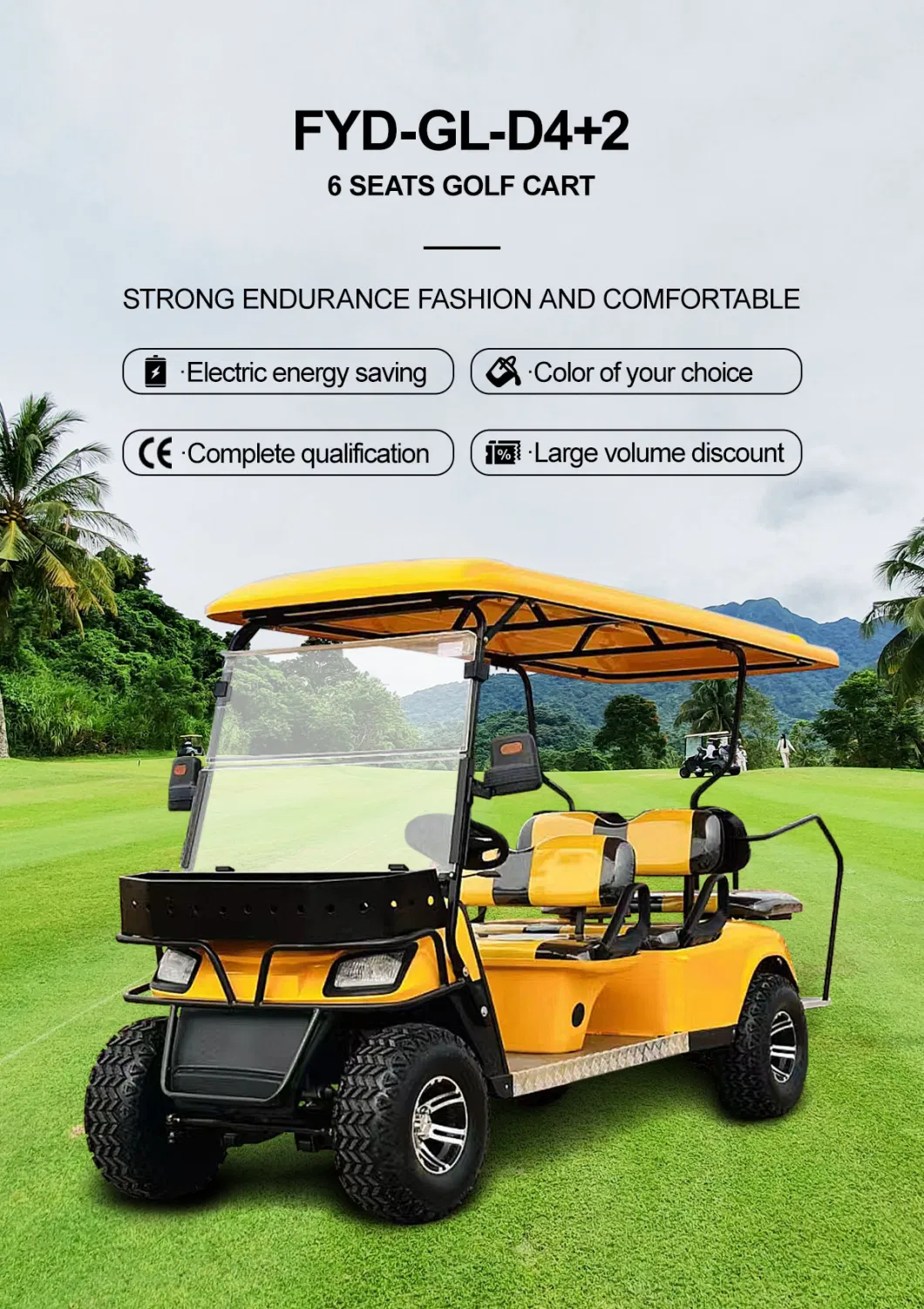 6 4 2 Seater Lithium Battery Long Range 30km/H Street Legal Yellow Hunting Golf Cart