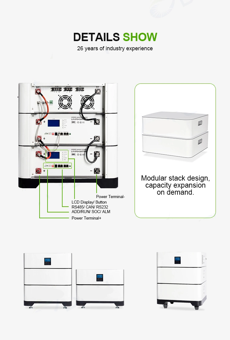 Li Ion LiFePO4 100ah 200ah 48V Deep Cycle Solar Lithium Smart Home Energy Storage Stackable Battery with Base and Wheels Can/WiFi/Bluetooth/RS484/RS232