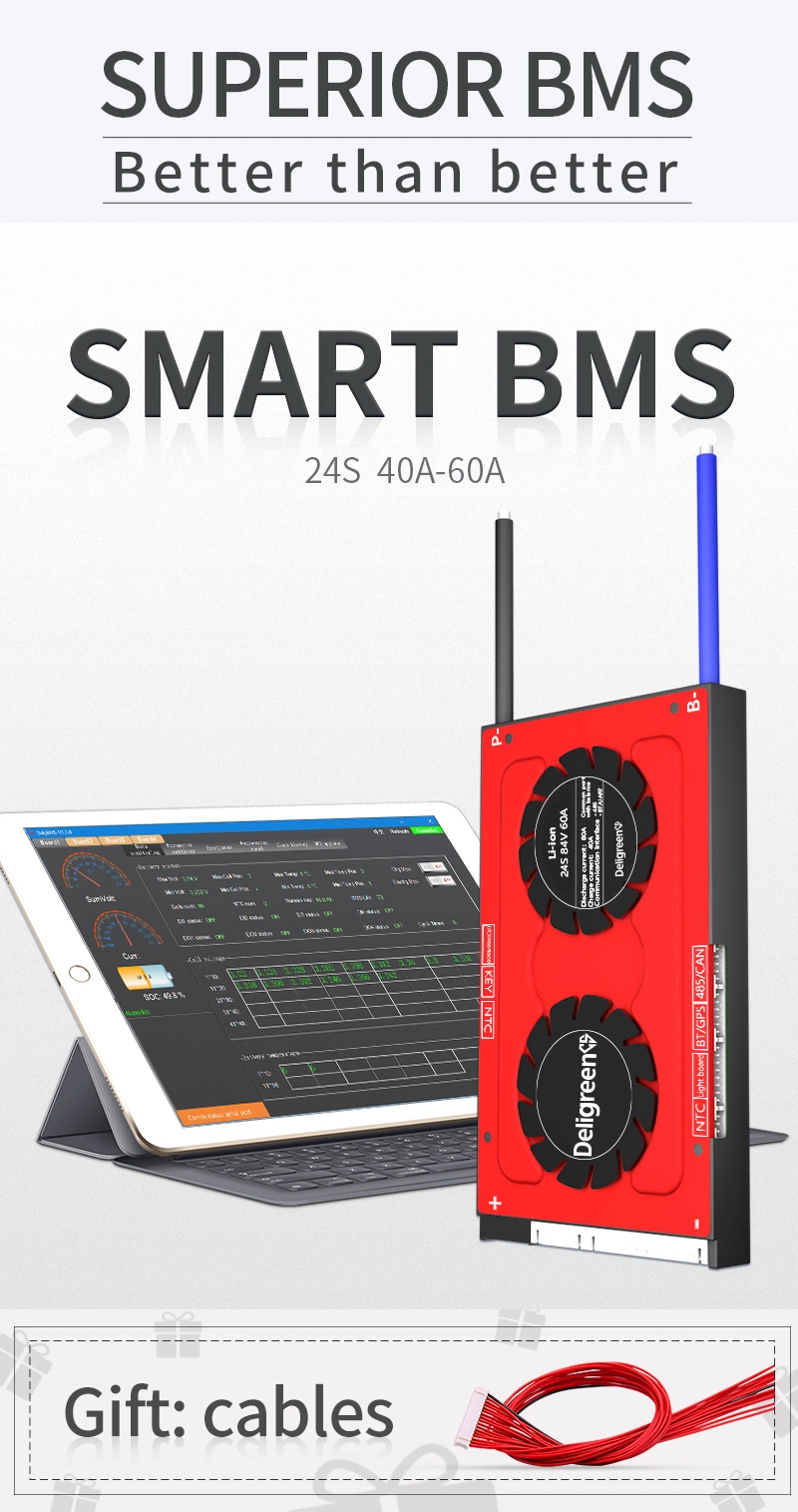 Deligreencs Smart BMS Li-ion 3.7V Rated BMS 24s 84V 40A 60A Temperature Protection for Li-Nicomn Battery