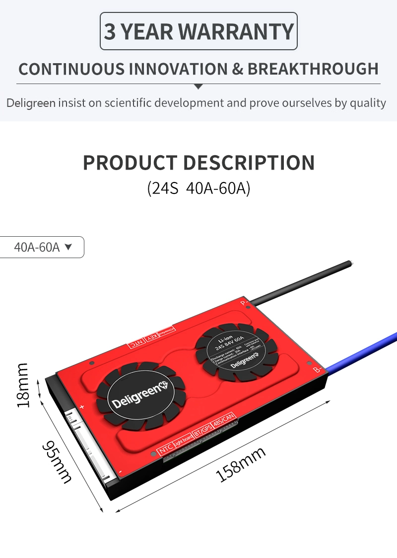 Deligreencs Smart BMS Li-ion 3.7V Rated BMS 24s 84V 40A 60A Temperature Protection for Li-Nicomn Battery