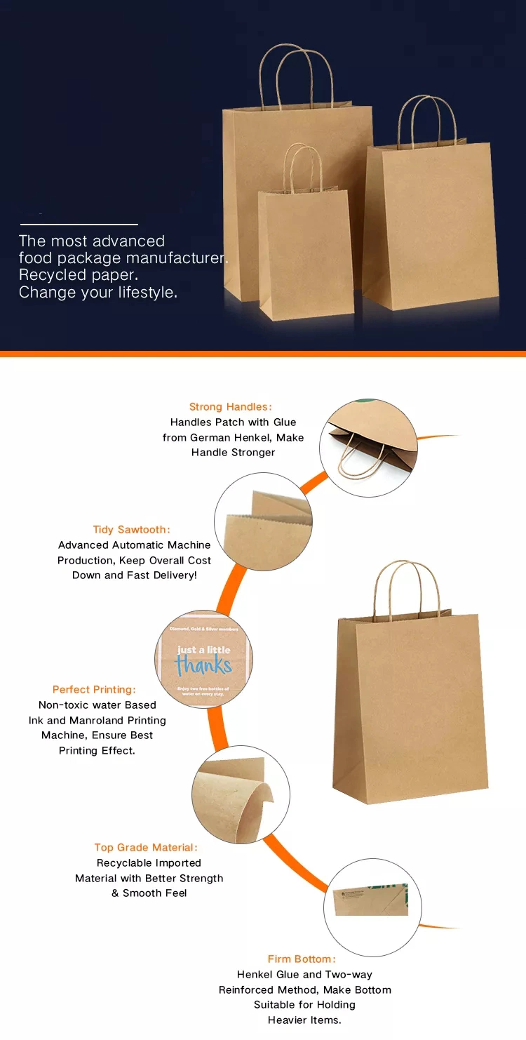 Packaging Size Strong Carry Packing Food Takeaway Bags Retail Handles Print Small Shopping Custom Your Own Logo Kraft Paper Bag