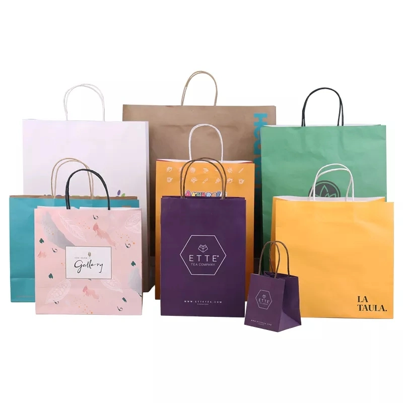 Packaging Size Strong Carry Packing Food Takeaway Bags Retail Handles Print Small Shopping Custom Your Own Logo Kraft Paper Bag