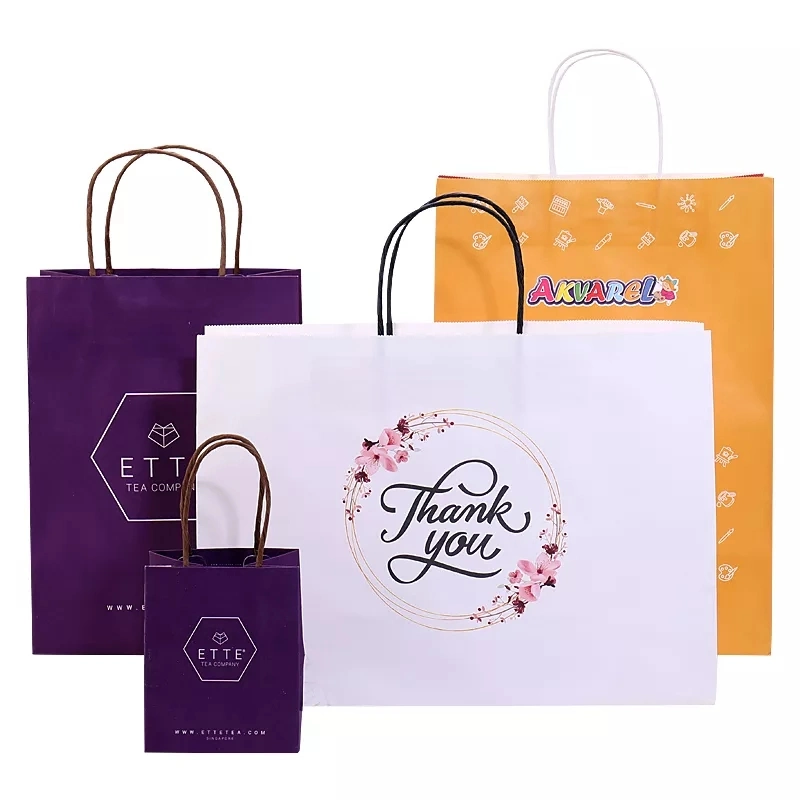 Packaging Size Strong Carry Packing Food Takeaway Bags Retail Handles Print Small Shopping Custom Your Own Logo Kraft Paper Bag