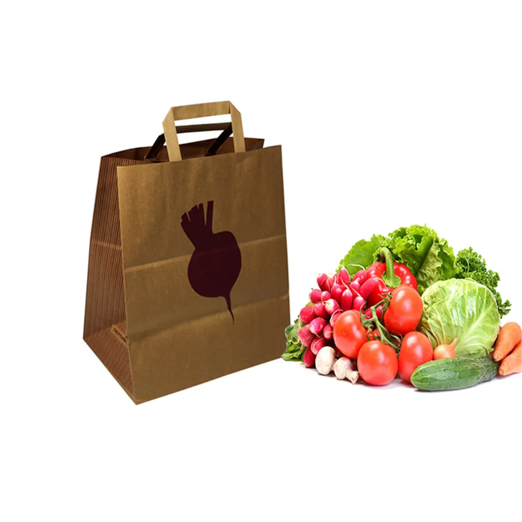 Wholesale Custom Recycled Food Takeaway Packaging Brown Kraft Paper Bag with Flat Handles