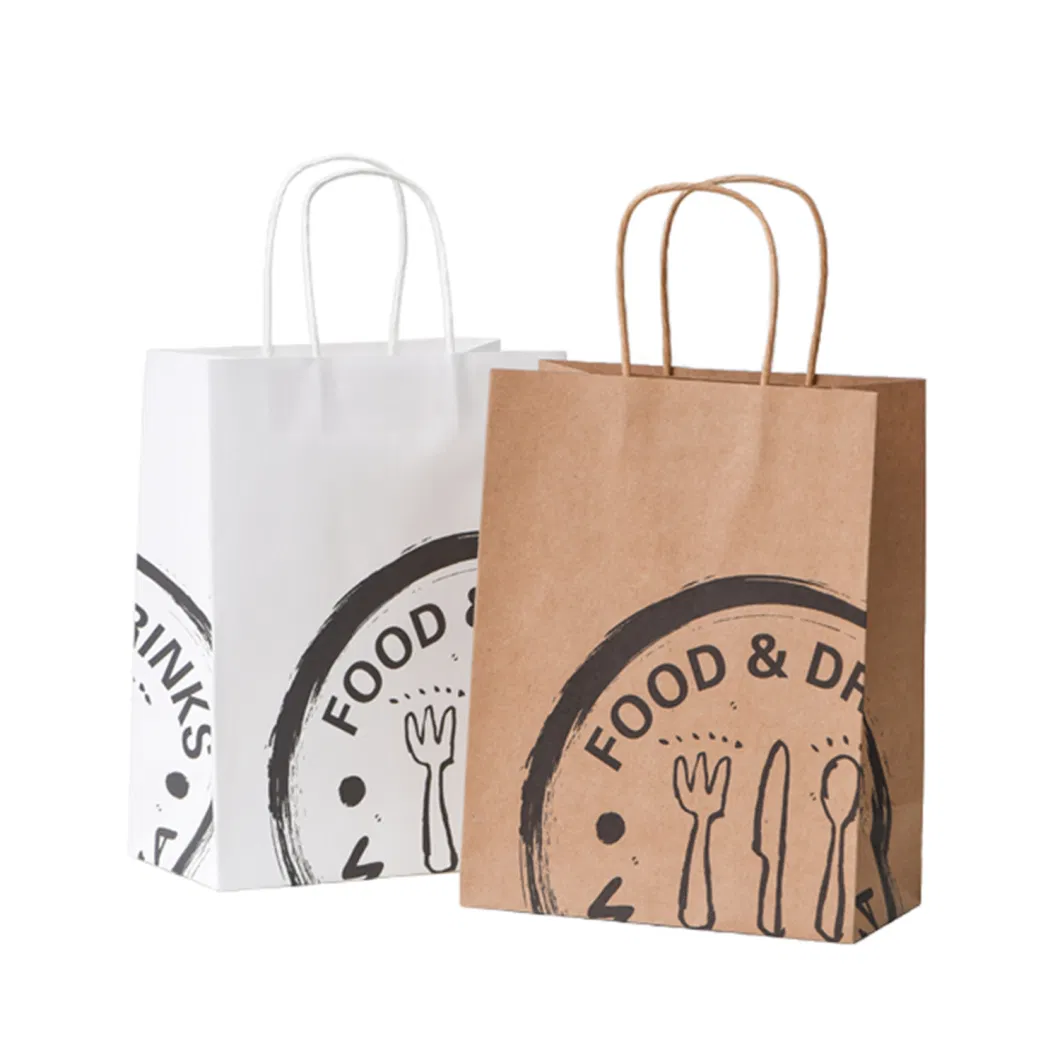 White Kraft Paper Gift Packaging Shopping Craft Paper Bag with Logo Printing Pizza Food Takeaway Bag