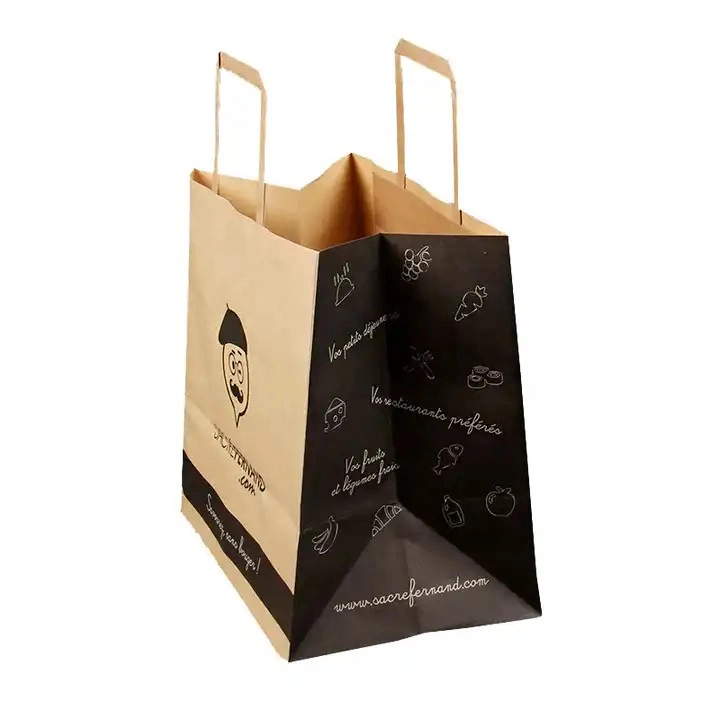 Brown Kraft Paper Bag with Durable Flat Handles for Cake Stores