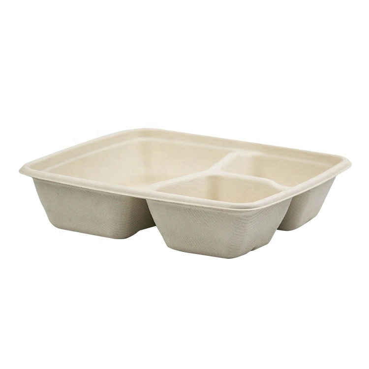 Bagasse Pulp Biodegradable Packaging 3 Grid Paper Lunch Takeaway Food Container