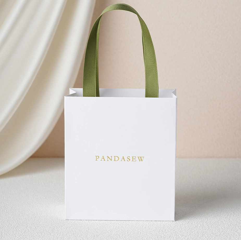 Pandasew Custom Size Logo White Colorful Ribbon Rope Shopping Jewelry Art Cosmetic Handle Gift Kraft Paper Package Bag