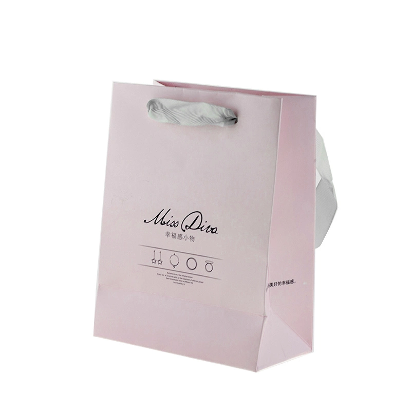 Customized Pink Printed Small Paper Gift Shopping Bag with Ribbon Handle