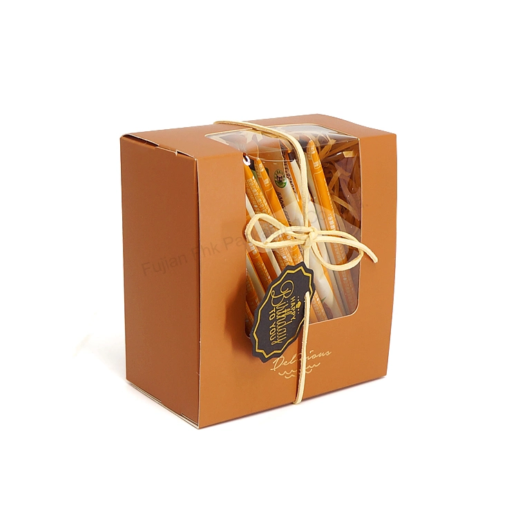 Brown Bakery Cake Packaging Boxes Coated Kraft Card Paper Box with Pet Transparent Window Foldable Take Away Food Packaging