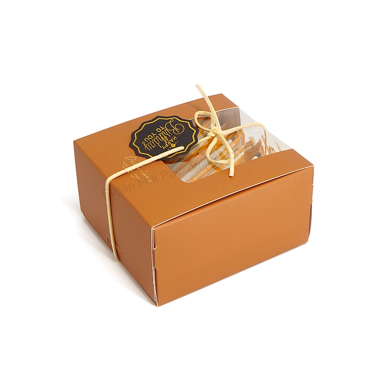 Brown Bakery Cake Packaging Boxes Coated Kraft Card Paper Box with Pet Transparent Window Foldable Take Away Food Packaging