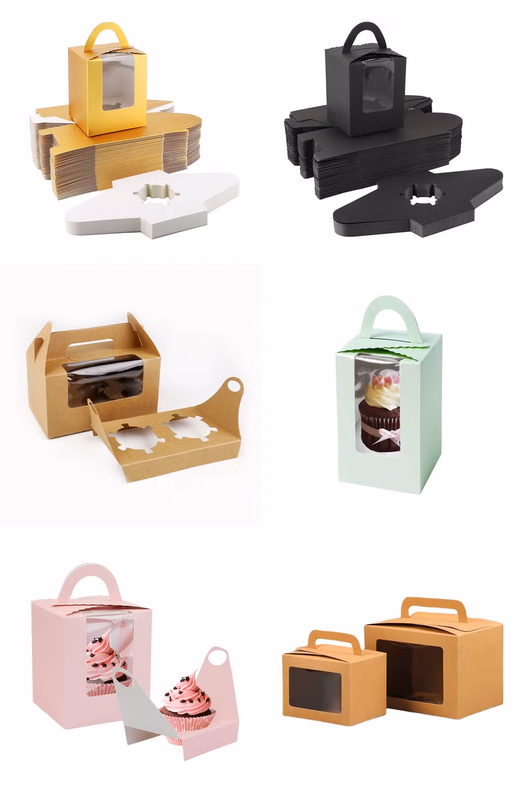 Custom Logo Mini Cupcake Cake Dessert Paper Box Packaging with Handle Transparent Window
