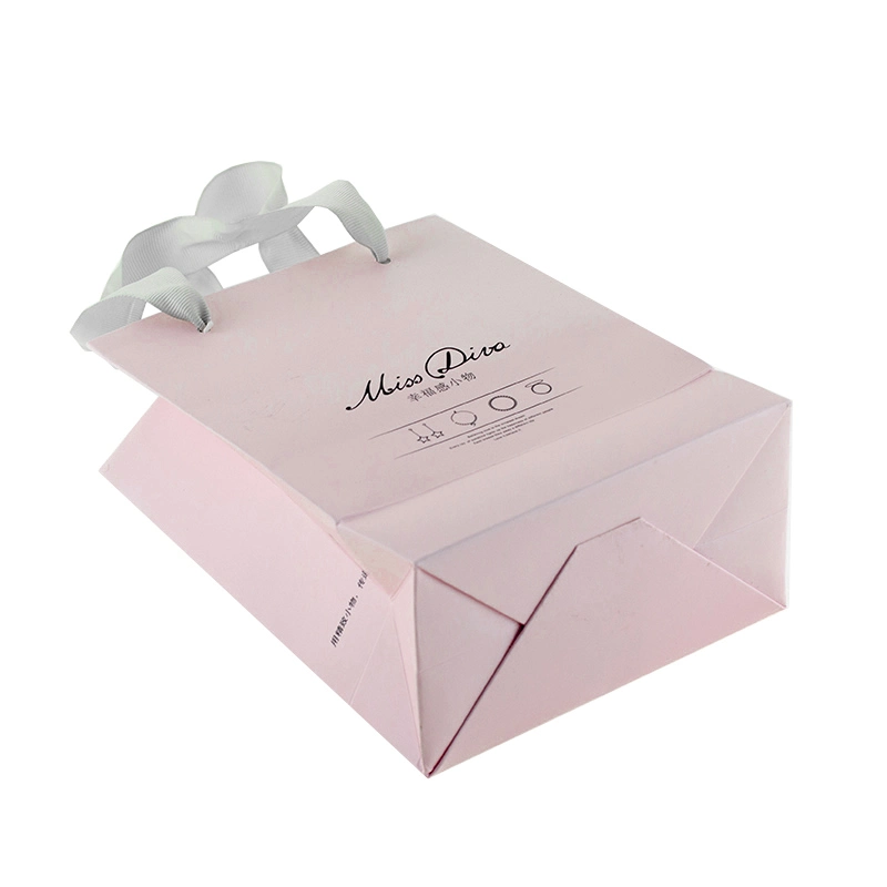 Customized Pink Printed Small Paper Gift Shopping Bag with Ribbon Handle