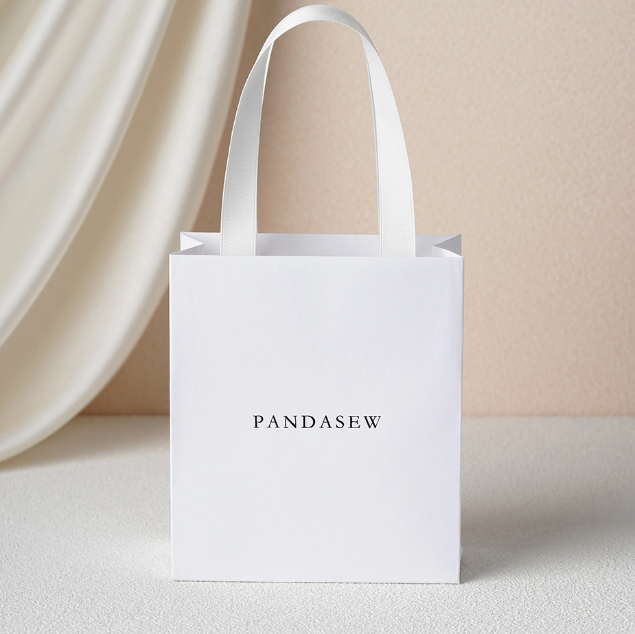 Pandasew Custom Size Logo White Colorful Ribbon Rope Shopping Jewelry Art Cosmetic Handle Gift Kraft Paper Package Bag