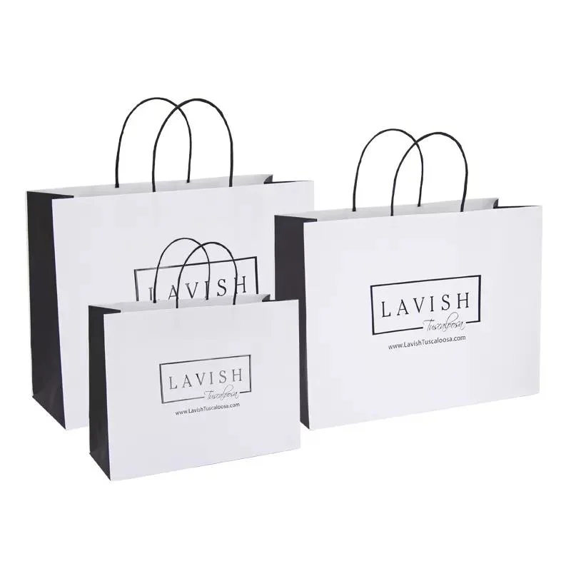 Custom Print Logo Elegant White Black Small Bow Gift Paper Bags Pink Luxury Boutique Paper Shopping Bag with Ribbon Handle