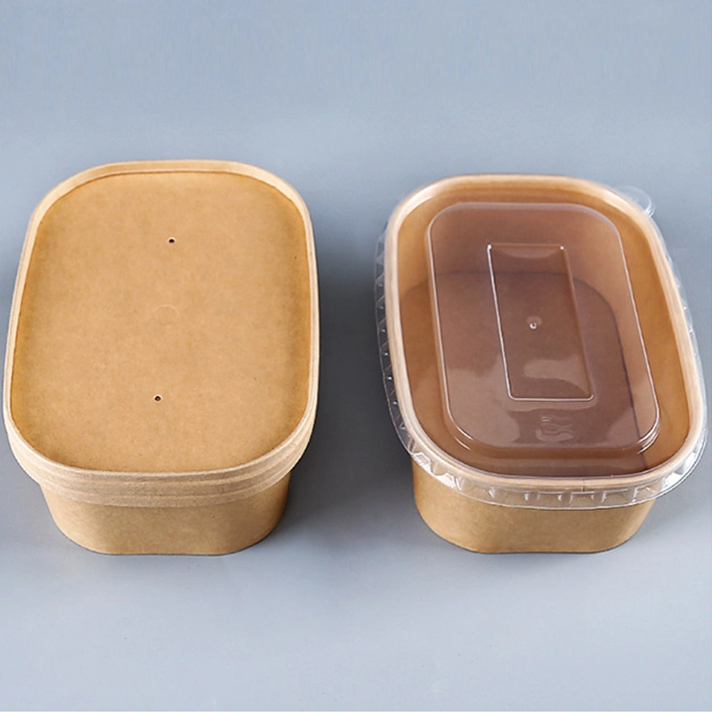 Wholesale Restaurant Take Away Food Rectangle Bowl Disposable Kraft Paper Square Bottom Salad Bowl Lunch Box with Lid