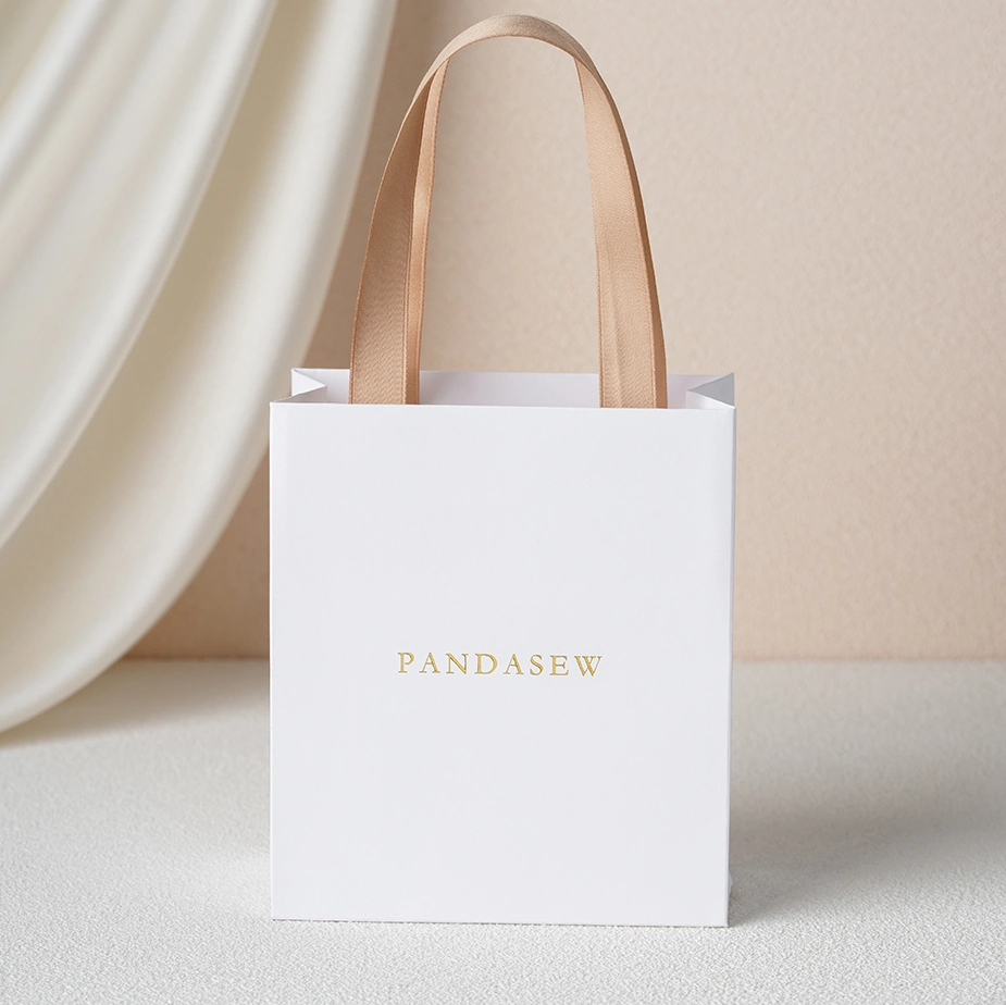 Pandasew Custom Size Logo White Colorful Ribbon Rope Shopping Jewelry Art Cosmetic Handle Gift Kraft Paper Package Bag