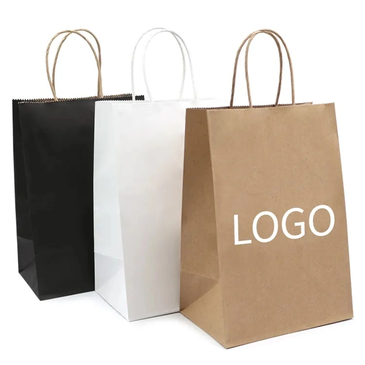 Custom Luxury Black White Brown Kraft Gift Shopping Paper Bags with Logo