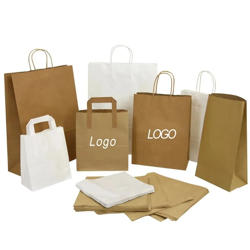 Custom Shopping Gift Handle Craft Print Food Takeaway Packaging Small Paper Bag Black White Brown Kraft Paper Bag with Logo