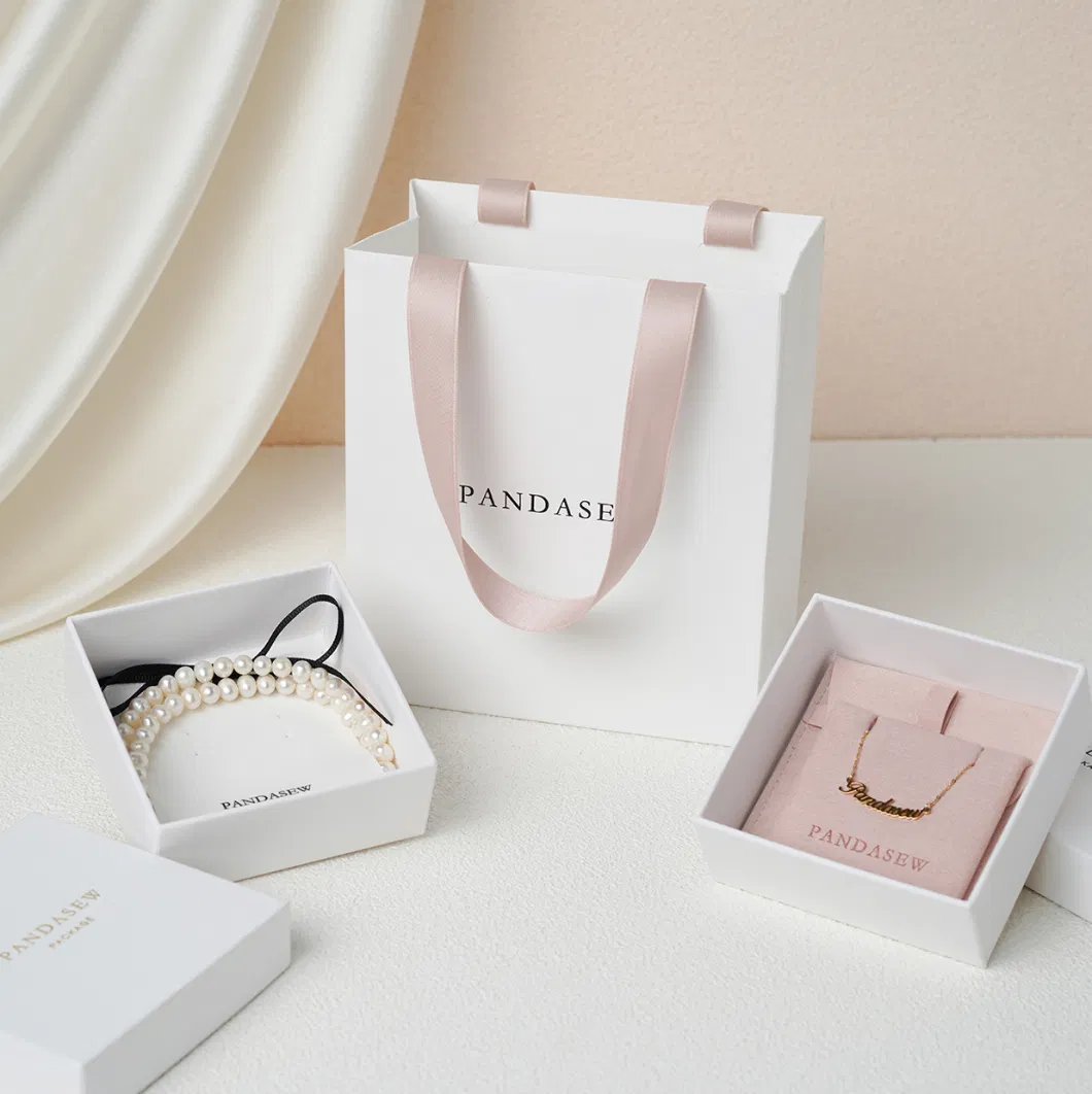 Pandasew Custom Size Logo White Colorful Ribbon Rope Shopping Jewelry Art Cosmetic Handle Gift Kraft Paper Package Bag