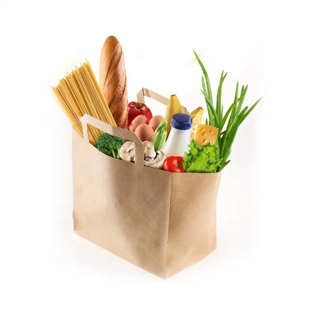 Wholesale Custom Recycled Food Takeaway Packaging Brown Kraft Paper Bag with Flat Handles