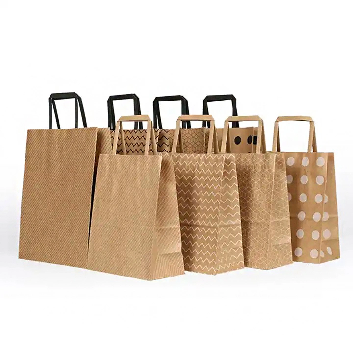 Brown Kraft Paper Bag with Durable Flat Handles for Cake Stores