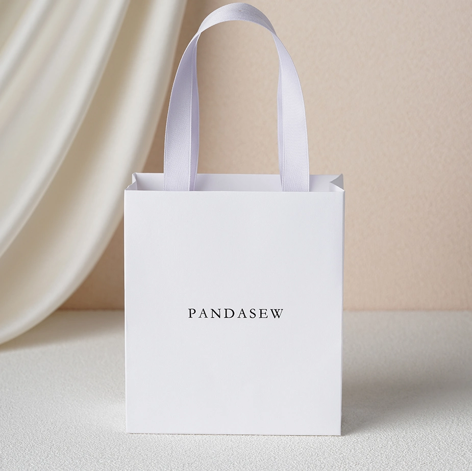 Pandasew Custom Size Logo White Colorful Ribbon Rope Shopping Jewelry Art Cosmetic Handle Gift Kraft Paper Package Bag