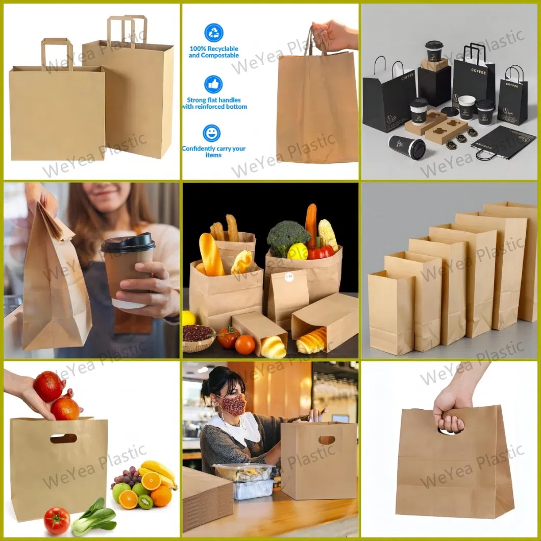 Custom Printing Size Color Fast Food Takeout Brown Black White Colorfull Packaging Kraft Paper Bags with Twisted Handle