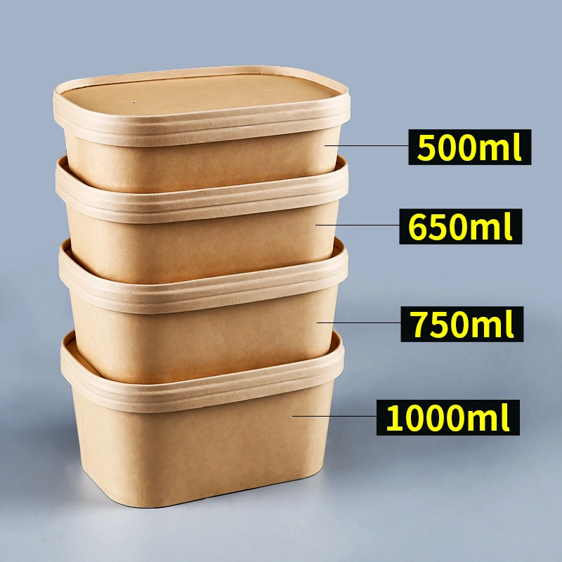 Wholesale Restaurant Take Away Food Rectangle Bowl Disposable Kraft Paper Square Bottom Salad Bowl Lunch Box with Lid