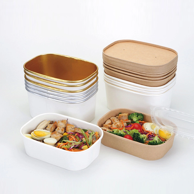 Wholesale Restaurant Take Away Food Rectangle Bowl Disposable Kraft Paper Square Bottom Salad Bowl Lunch Box with Lid